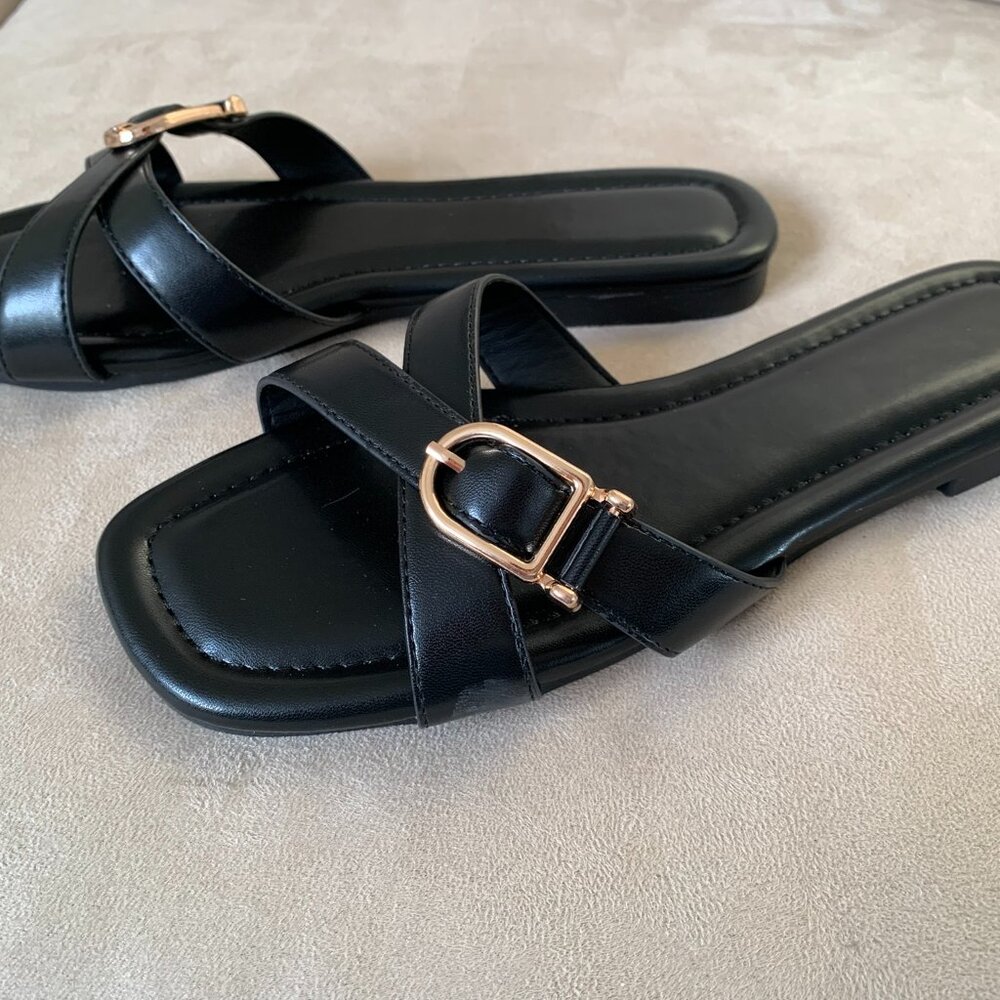 Black Flat Slip On Sandal